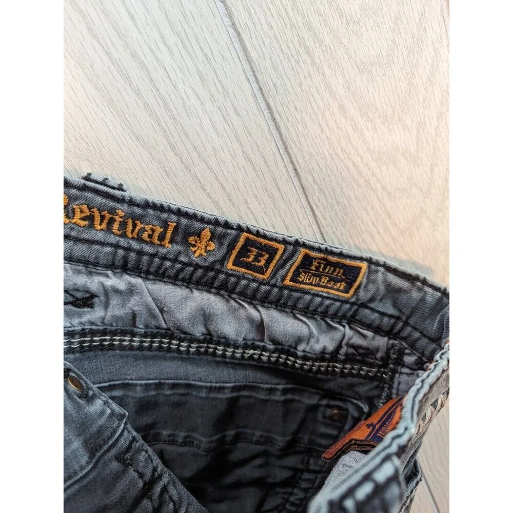 Rock Revival Jeans Mens 33 Gray Denim Finn Slim Boot Distressed READ 34x29